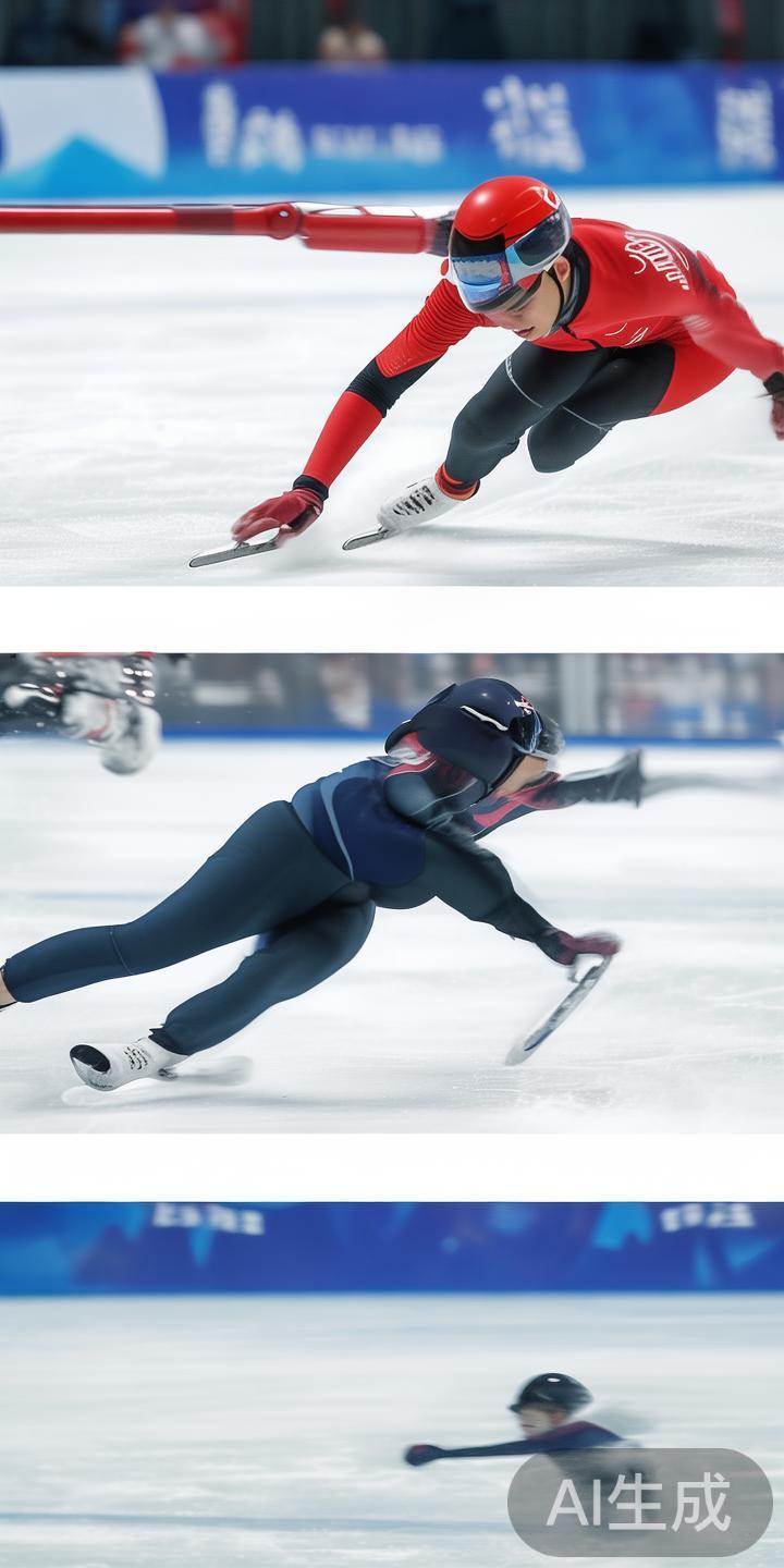 如在短道速滑比赛中，运动员在高速中的操控与转弯，展
